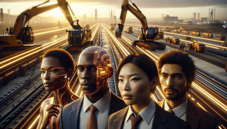 A futuristic construction site at sunset, with a team of diverse engineers (male and female, various ethnicities) standing confidently in the foreground, looking towards large, sleek autonomous excavators and bulldozers working efficiently in the background. The machines glow subtly with integrated LED lines, representing advanced AI. Cinematic, high detail, golden hour lighting.