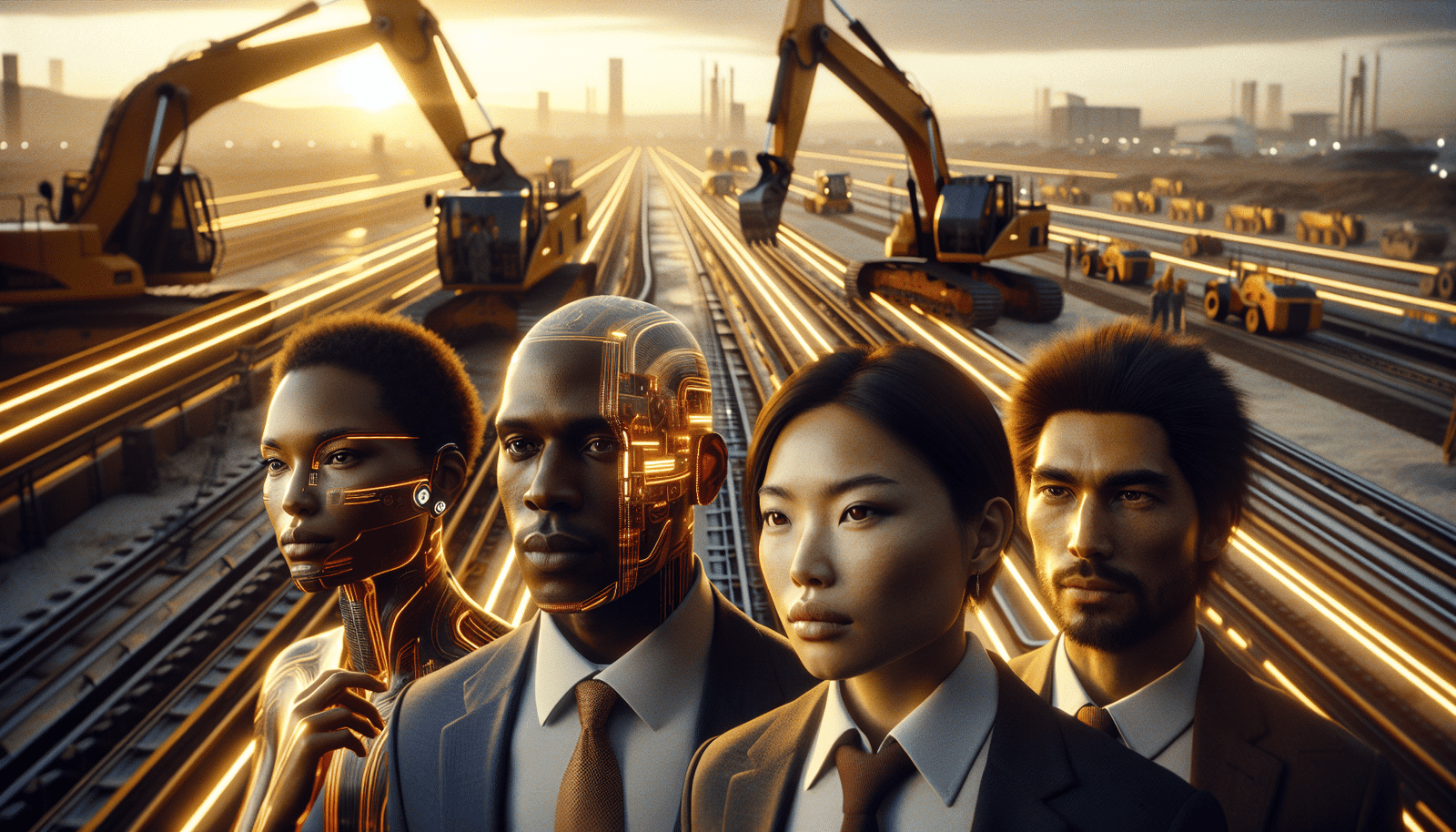 A futuristic construction site at sunset, with a team of diverse engineers (male and female, various ethnicities) standing confidently in the foreground, looking towards large, sleek autonomous excavators and bulldozers working efficiently in the background. The machines glow subtly with integrated LED lines, representing advanced AI. Cinematic, high detail, golden hour lighting.