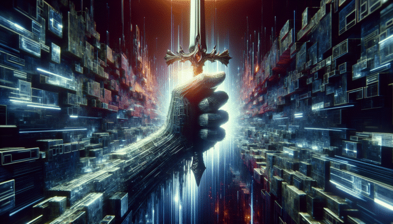Un cyberespace stylisé avec des réseaux de données lumineux, une main numérique géante avec un bouclier d'un côté et une épée de l'autre, symbolisant le duel entre l'IA offensive et défensive. Couleurs cyberpunk, ambiance futuriste. Style: Photorealistic, cinematic lighting.