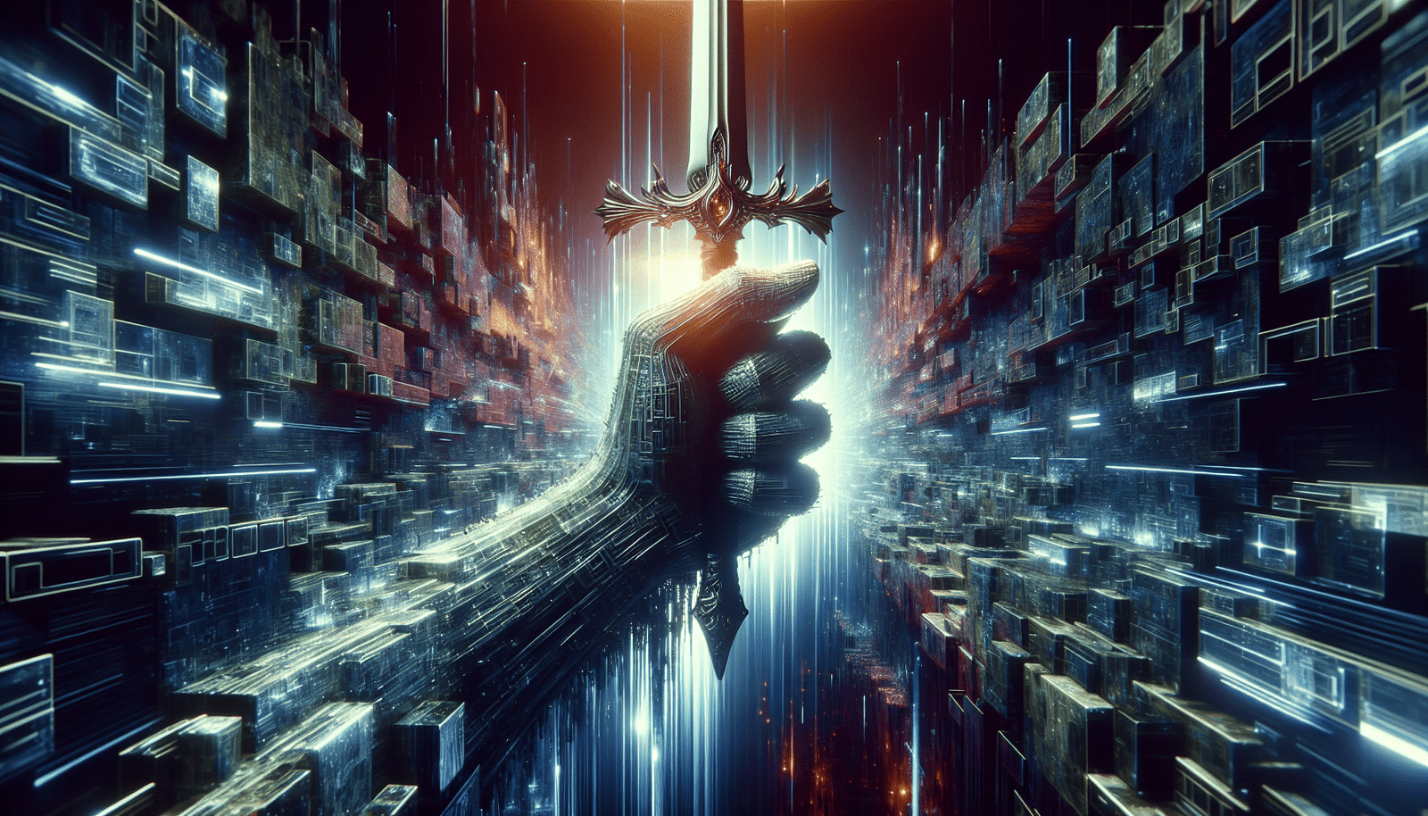 Un cyberespace stylisé avec des réseaux de données lumineux, une main numérique géante avec un bouclier d'un côté et une épée de l'autre, symbolisant le duel entre l'IA offensive et défensive. Couleurs cyberpunk, ambiance futuriste. Style: Photorealistic, cinematic lighting.
