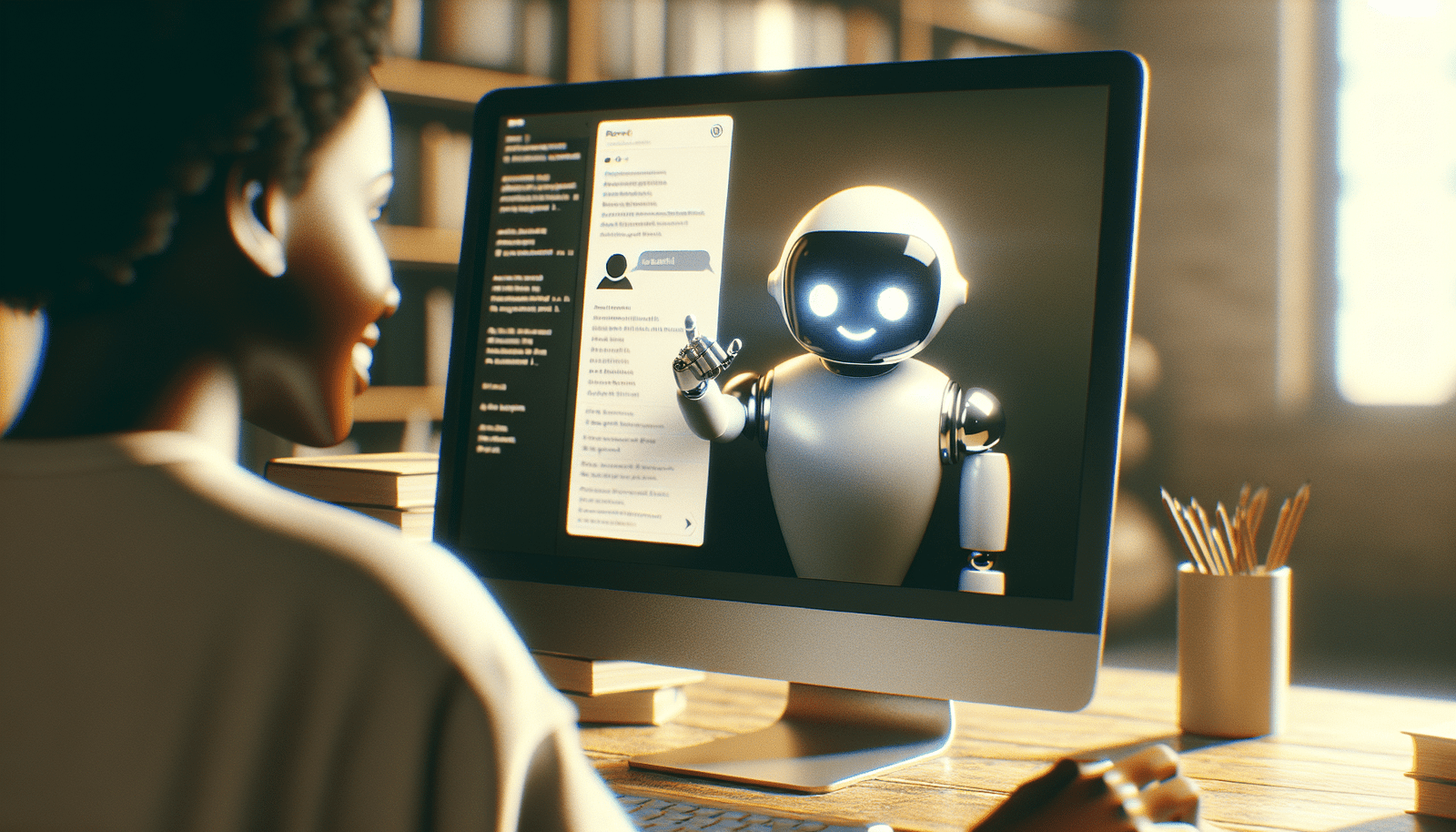 Une interface utilisateur propre et minimaliste montrant ChatGPT Agent comme un assistant amical et efficace. Un petit robot stylisé ou une icône d'IA souriante émerge d'un écran d'ordinateur, offrant une aide à un utilisateur souriant. Lumière douce, ambiance de productivité sereine, représentant une synergie homme-IA.