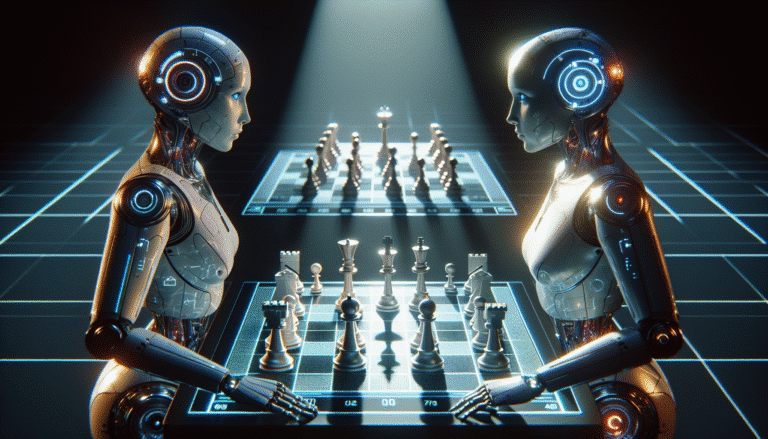 Deux robots humanoïdes stylisés, l'un représentant Claude avec des lignes épurées et un aspect éthique, l'autre ChatGPT avec une apparence plus polyvalente et intégrant des symboles de créativité numérique et de connectivité, se faisant face sur un échiquier numérique futuriste. Lumières vives et ambiance compétitive.