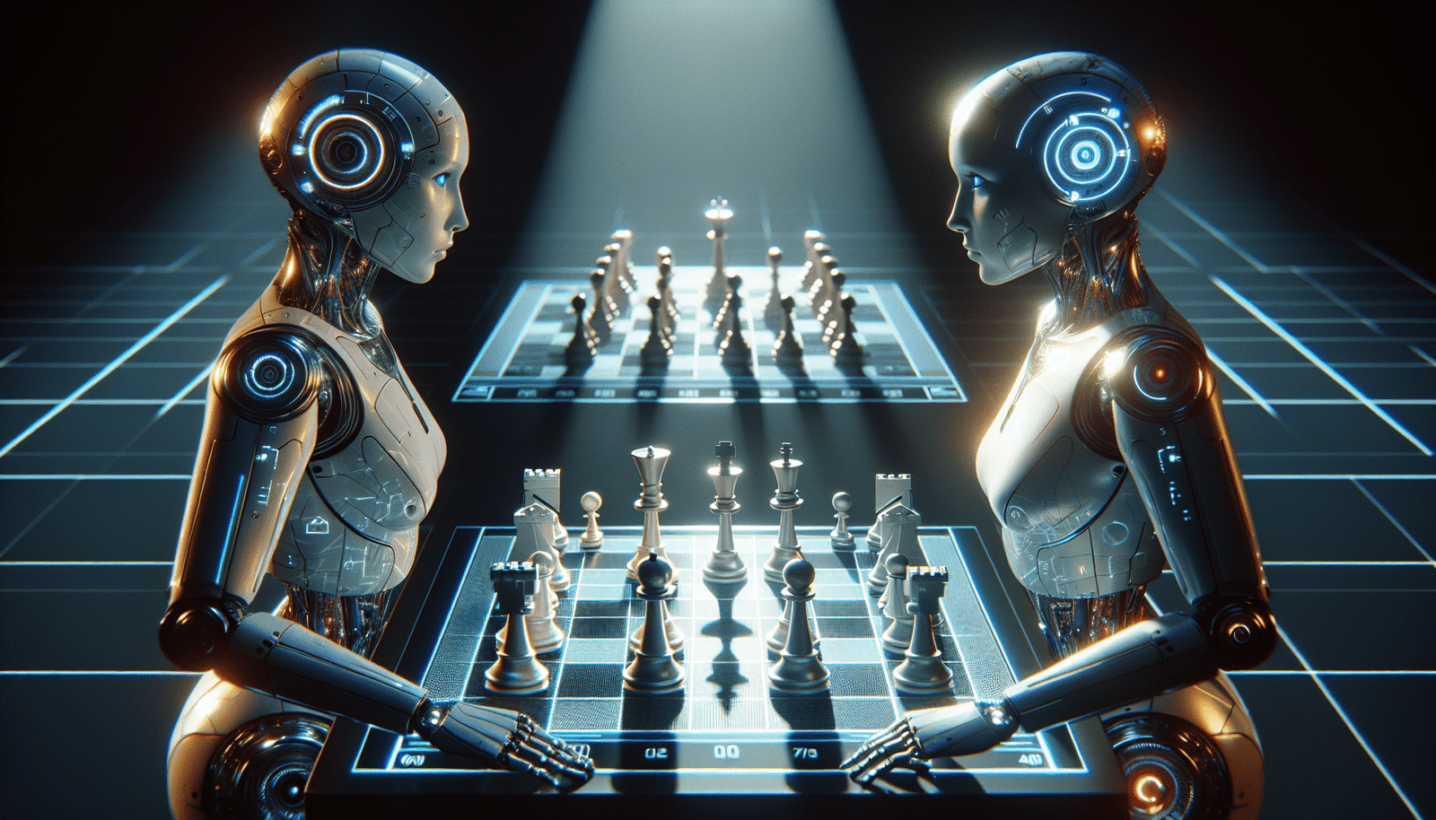 Deux robots humanoïdes stylisés, l'un représentant Claude avec des lignes épurées et un aspect éthique, l'autre ChatGPT avec une apparence plus polyvalente et intégrant des symboles de créativité numérique et de connectivité, se faisant face sur un échiquier numérique futuriste. Lumières vives et ambiance compétitive.