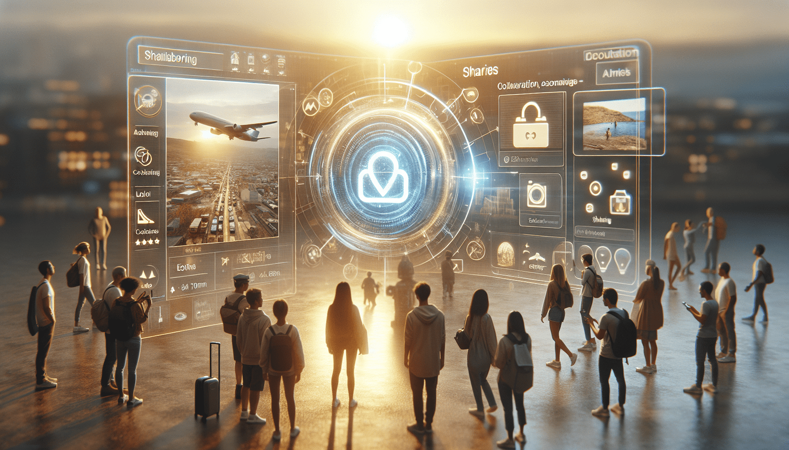 Une scène collaborative et connectée où plusieurs personnes, souriantes, interagissent avec une interface holographique ou un écran géant affichant un itinéraire de voyage. Des icônes de partage et de réservation sont visibles, symbolisant la transition fluide entre le virtuel et le réel et la co-création. Ambiance de légèreté et d'innovation.