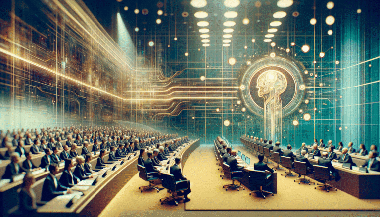 A diverse group of global leaders, AI experts, and UN representatives engaging in a lively panel discussion at a modern, high-tech summit. The backdrop features abstract glowing lines representing data flow and a subtle UN logo, emphasizing collaboration for good. Dynamic, futuristic, hopeful.