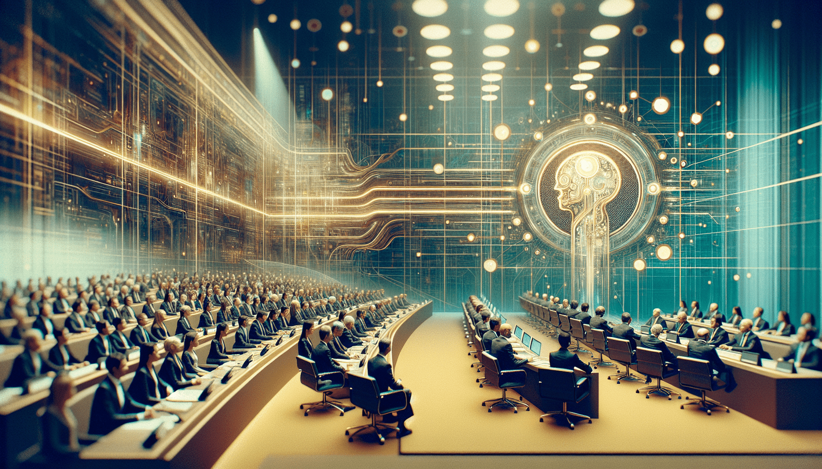 A diverse group of global leaders, AI experts, and UN representatives engaging in a lively panel discussion at a modern, high-tech summit. The backdrop features abstract glowing lines representing data flow and a subtle UN logo, emphasizing collaboration for good. Dynamic, futuristic, hopeful.