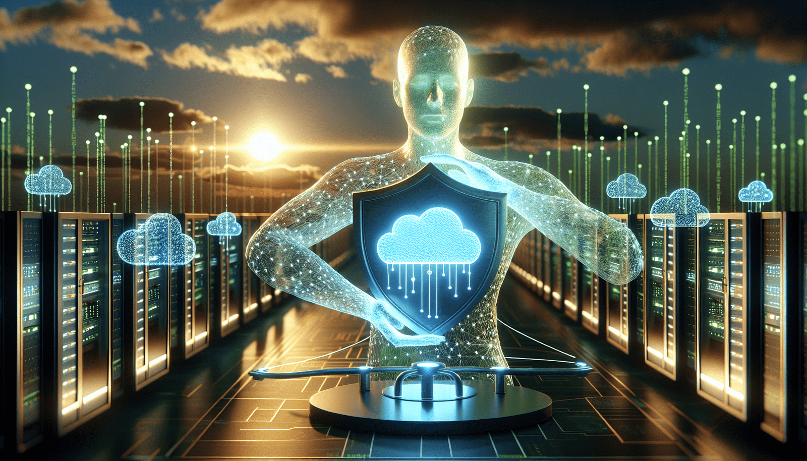 A secure, interlocking network of digital clouds and data centers, protected by a glowing AI sentinel. The scene is bright, with green and blue security layers, illustrating robust cloud protection. Integrate subtle logos of abstract 'Microsoft' and 'Prisma Cloud' like elements.