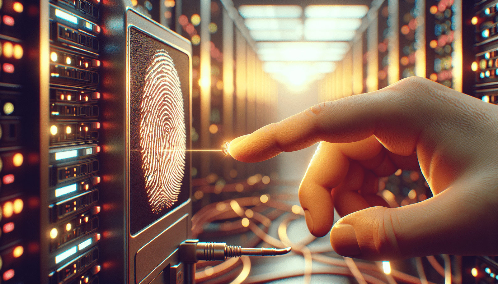Une main posant un pouce sur un scanner d'empreintes digitales lumineux, avec un arrière-plan flou de serveurs informatiques et de câbles lumineux, ambiance futuriste et sécurisée.