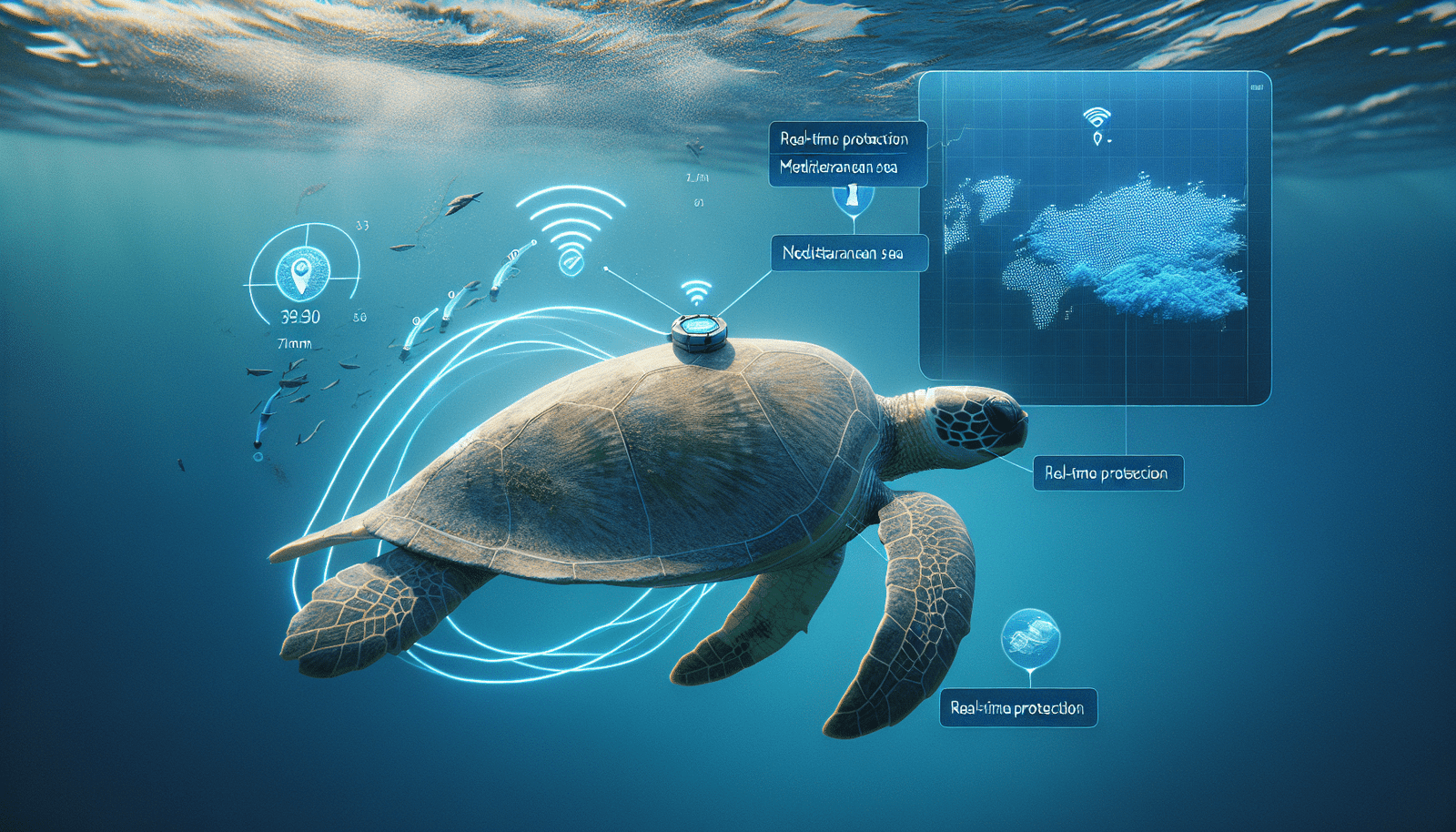 Une tortue marine avec un petit capteur high-tech discret attaché à sa carapace. Des ondes de données bleues émanent du capteur vers une carte stylisée de la Méditerranée, montrant des trajectoires de tortues et des icônes de protection en temps réel. Vue aérienne sous-marine.