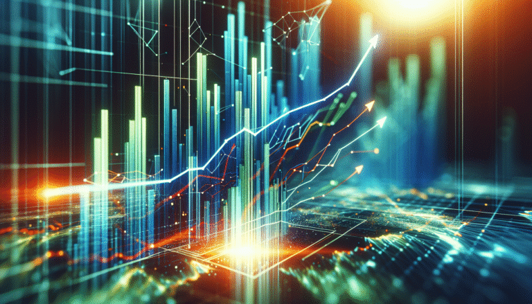 Un graphique abstrait représentant des barres montantes et des flèches connectant divers points, symbolisant la croissance exponentielle et la collaboration interdisciplinaire au sein de l'écosystème de l'IA au Québec. Style futuriste, teintes bleues et vertes vives.