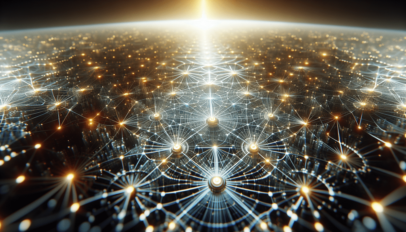 Une illustration stylisée de puces d'IA, lumineuses et interconnectées, formant un réseau complexe qui s'étend vers l'horizon, symbolisant l'expansion et la forte demande future.