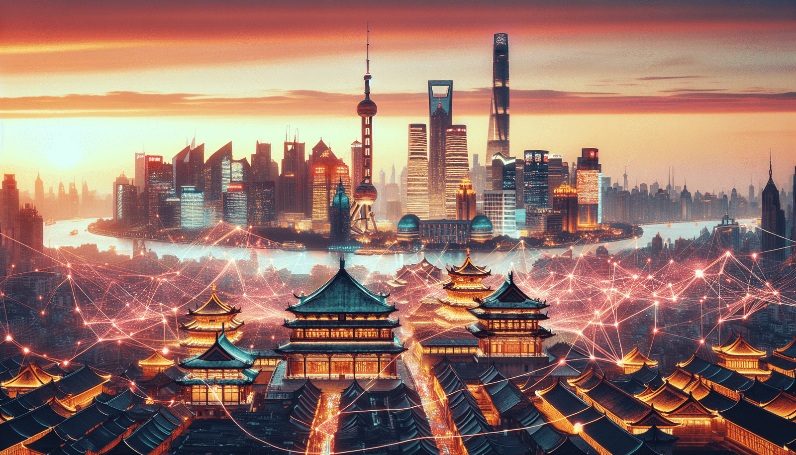 An intricate network of glowing lines connecting various city landmarks in China (e.g., Shanghai skyline, traditional temples) with abstract representations of AI models and data flow. The overall feel is dynamic and interconnected, symbolizing innovation and collaboration. Focus on vibrant digital light trails.